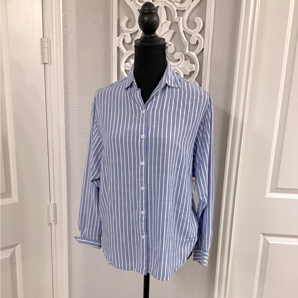 Beachlunchlounge Collection Button Up Shirt Blue White Striped Long Sleeve